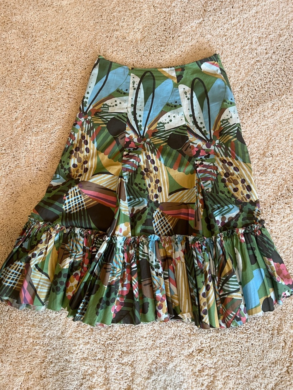 Anthropologie Abstract Floral Ruffle-Hem A-Line Midi Skirt - Green Multicolor
